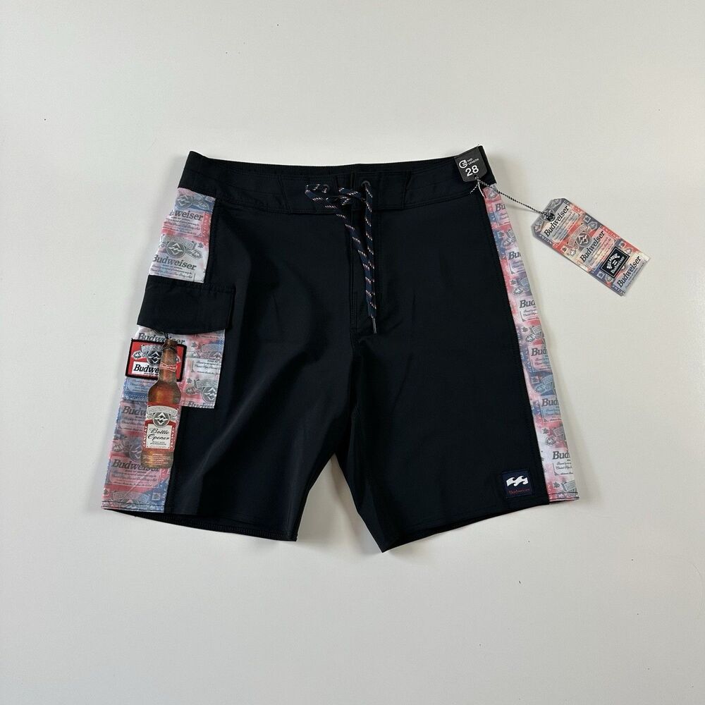 Billabong x Budweiser Board Shorts Pockets Bottle Opener Key Lanyard Size 28